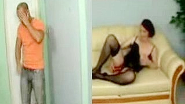 Young boy catches girlfriend's mom in black stockings masturbating