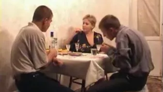 Two young guys have XXX threesome with friend's mom in the kitchen