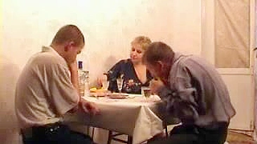 Two young guys have XXX threesome with friend's mom in the kitchen