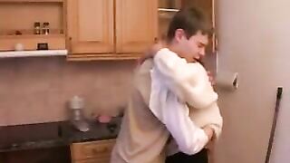 Russian XXX mom catches teen stepson in the kitchen and fucks him