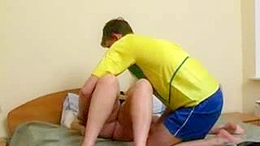 Friend's chubby mom enters the bedroom and uses teen guy's XXX prick