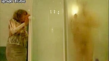 Russian mom gets into the shower and takes stepson's XXX pecker