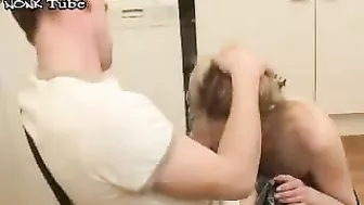 Russian guys take turns fucking hot blonde XXX mom in the kitchen