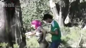 Dressed Arab mom bends by the tree to get fucked hard in the woods