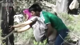 Dressed Arab mom bends by the tree to get fucked hard in the woods