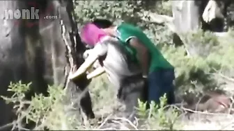 Dressed Arab mom bends by the tree to get fucked hard in the woods