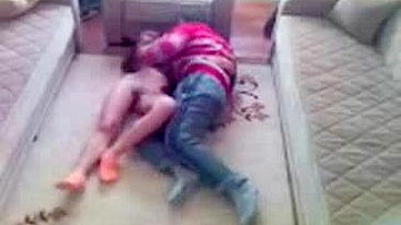 Young Arab mom lies on the carpet and has her vagina plowed by BF