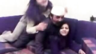 Lustful Arab man plays with two cute babes ready to fuck them both