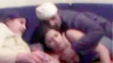 Lustful Arab man plays with two cute babes ready to fuck them both