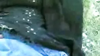 Close-up video of mature mom taking dick into shaved twat outdoors