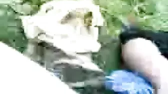 Close-up video of mature mom taking dick into shaved twat outdoors