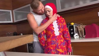 Hijab on Arab never protects her from porn act with mom lover on floor