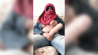 Busty hijab mom uses large toy on both her wet Arab holes