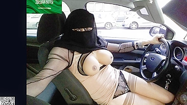 Arab MILF in hijab getting NAKED while driving in Riyadh in front of a fellow traveler