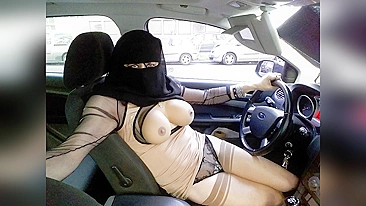 Arab MILF in hijab getting NAKED while driving in Riyadh in front of a fellow traveler