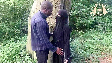 Shy muslim Hijab MILF cheating on her hubby with a black guy in the forest