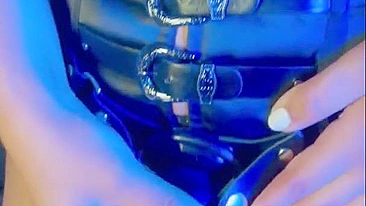 Muslim mistress wife in hijab putting a condom on big strapon