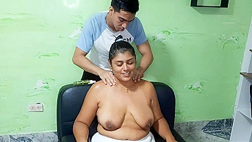 I give my mother a relax massage and suck her big tits, dad just left for work