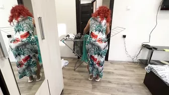 Fiery redhead mom in white thongs takes good care of stepson’s cock