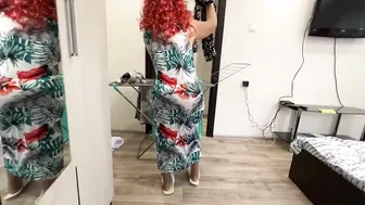 Fiery redhead mom in white thongs takes good care of stepson’s cock