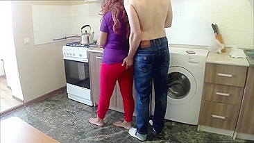 Curly-haired mom gives a great head and gets anally fucked in the kitchen