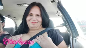 In front of everyone in the car, my mom is showing me her tits