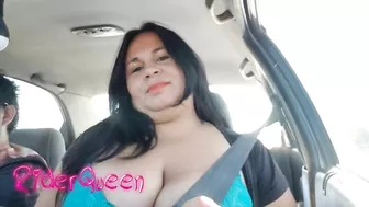 In front of everyone in the car, my mom is showing me her tits