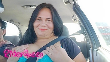 In front of everyone in the car, my mom is showing me her tits