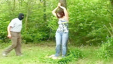 Busty girl kidnapped tied up and fucked in the woods, against her will