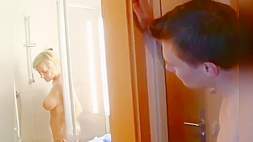 Peeping son caught by mature mom while In shower and gets fucked