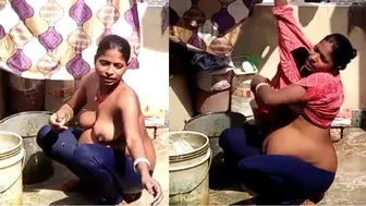 Desi girl caught on hidden cam! Pregnant village aunty bathing outdoor