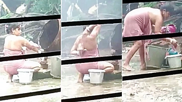 Desi XXX video! Perverted little nephew spying village aunty taking a bath