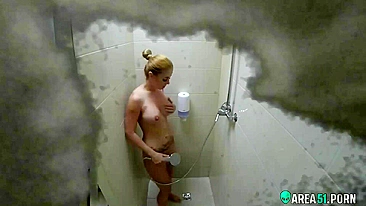 Wife gets caught on hidden camera pleasuring herself with shower head and jet water