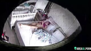 Hidden cam in ceiling, caught naughty babysitter masturbating on the job