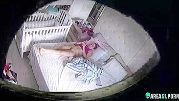 Hidden cam in ceiling, caught naughty babysitter masturbating on the job
