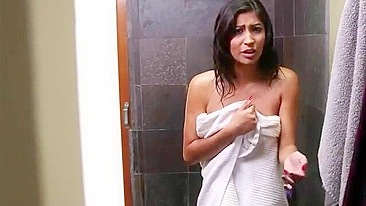 Drunk Brunette bitch catches step-dad spying on her naked in the shower!