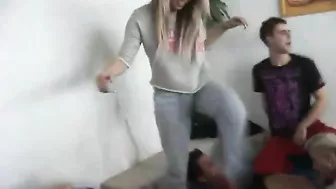 Drunk, horny teen girl gets fucked hard at home party, with explicit language and drunken moans.