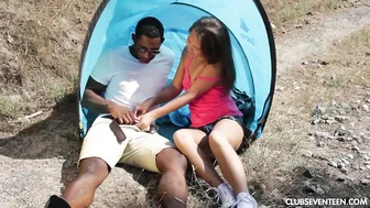 After several hot kisses, black lovelace gave hot babe ride on moistened penis in open air