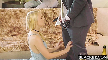 Pale-skinned blonde punished and facialized by two BBCs