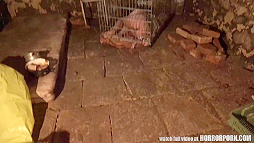 Tormenter visits slender slave-girl in dirty barn to feed her and harshly fuck in mouth and pussy