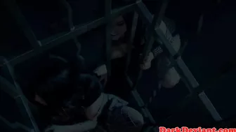 Horny mistress in fishnet stockings frees her slave girl from the cage for some dirty lesbian games