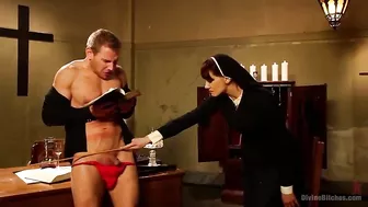 Extremely-hot redhead nun punishes man in femdom porn video