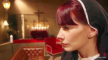 Extremely-hot redhead nun punishes man in femdom porn video