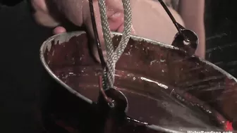 Water bondage with gagged brunette girl with shaved pussy