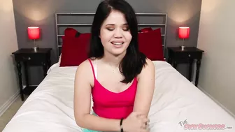 Young honey Yhivi gets on her knees for a blowjob then invites hard phallus into wet trimmed cunny