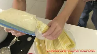 India Summer tastes lasagne with fucker's cum after sex in kitchen