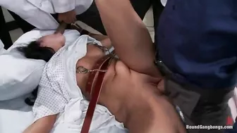 Patient with clamps on nipples fucked by group of doctors
