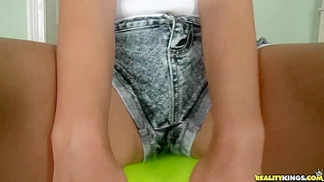 Brunette with natural tits gets fucked on green fitness ball