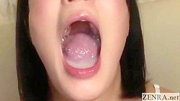Japanese girl got full mouth of cum and used it for gargling