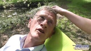 Happy teen and old gentleman fucking among the green trees